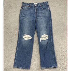 Levi's Low Pro Straight Jeans Women 32 Dark Wash High Rise Distressed Denim